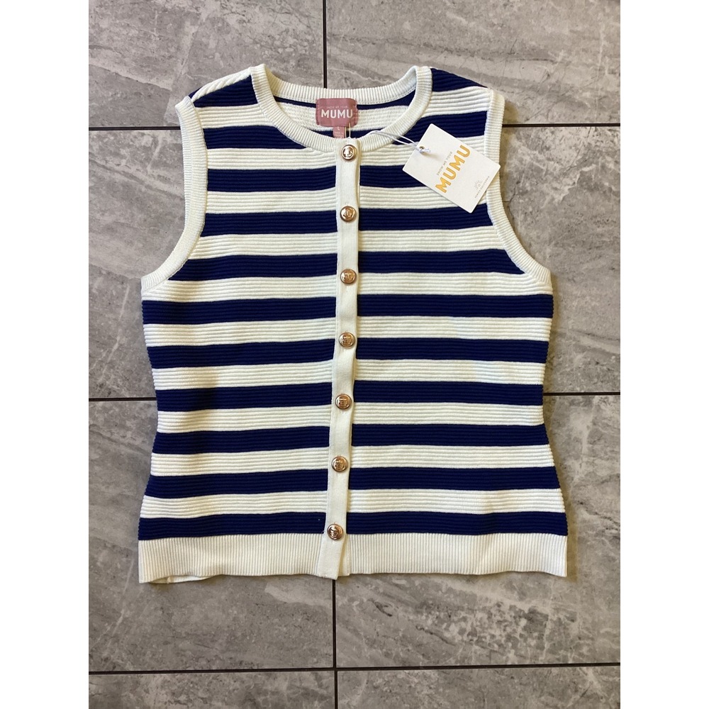 Show Me Your Mumu Devin Tank Navy Stripe Gold Anchor Button Sweater Vest Large